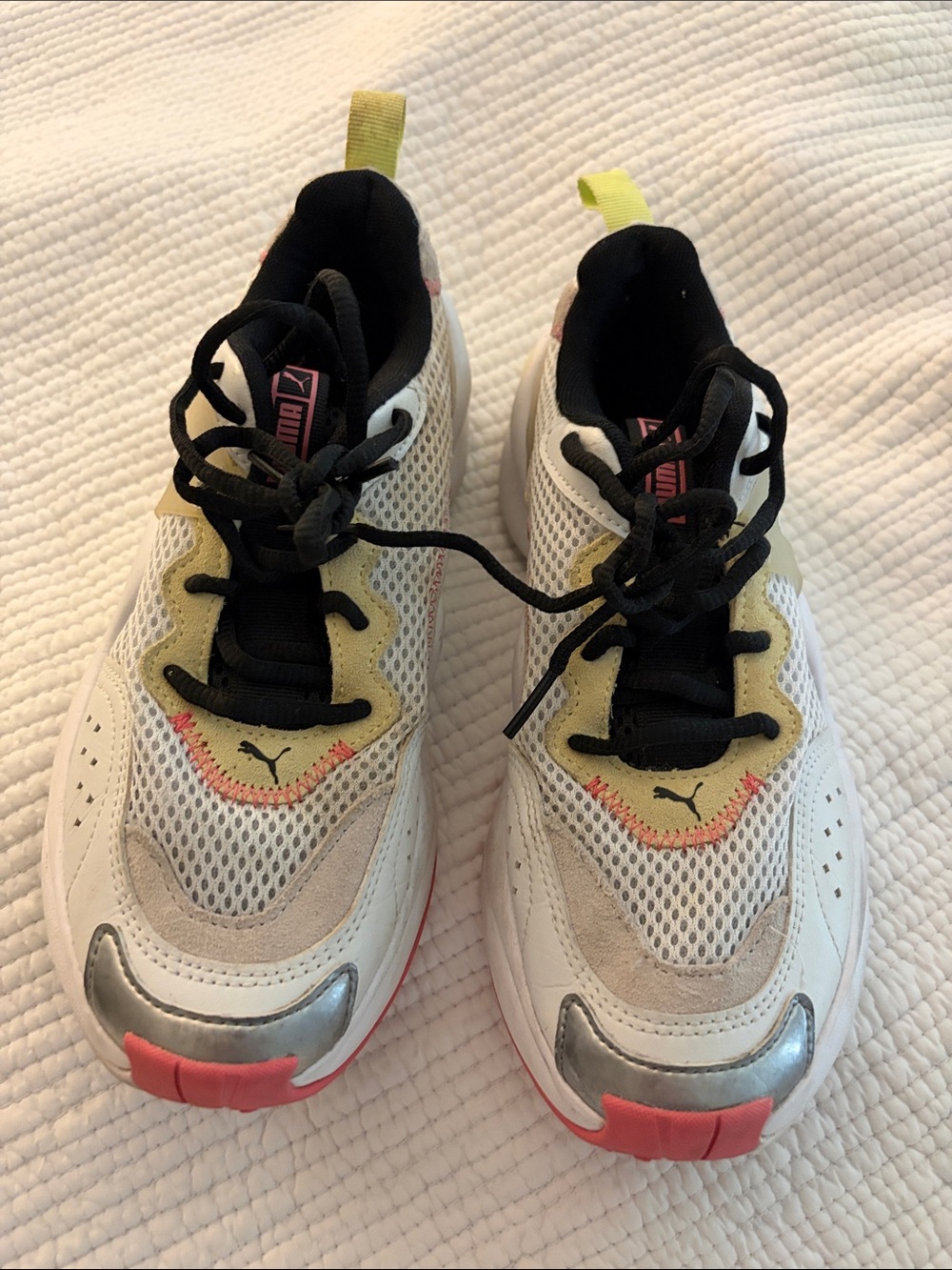 PUMA White and Yellow Athletic Shoes with Black Laces